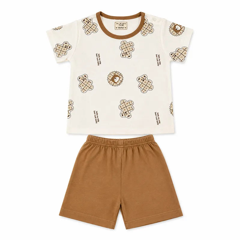 IMPORTED STUFF BABY COTTON SUMMER T-SHIRT & SHORTS TEDDY PRINT WHITE BROWN  