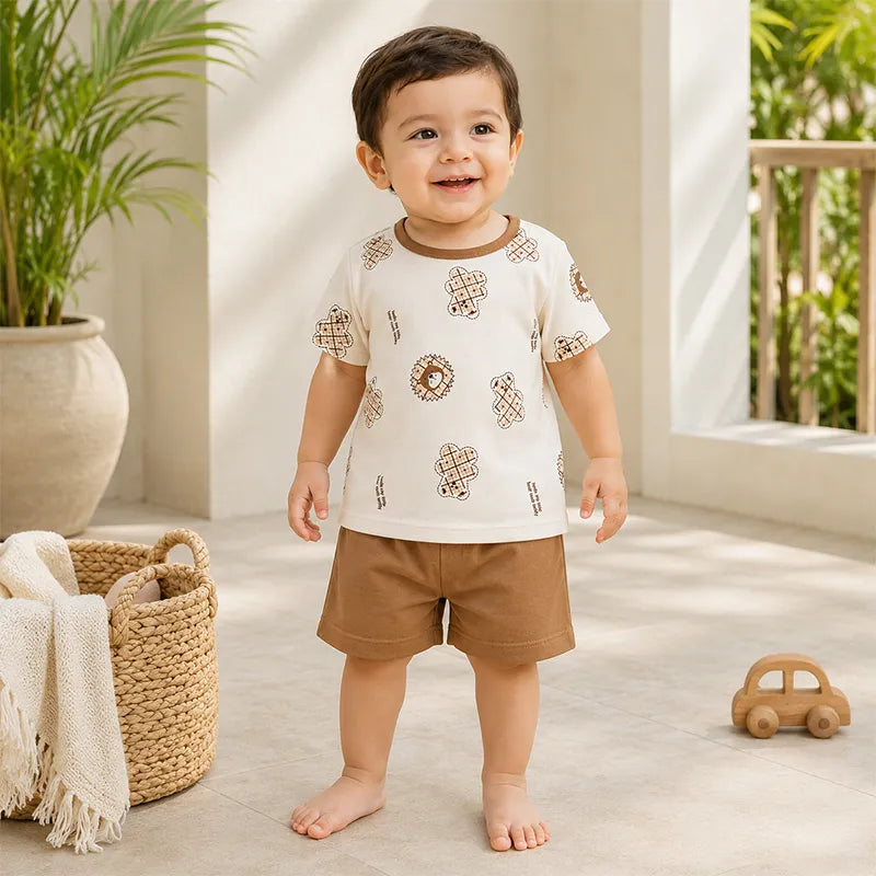 IMPORTED STUFF BABY COTTON SUMMER T-SHIRT & SHORTS TEDDY PRINT WHITE BROWN   - image 2