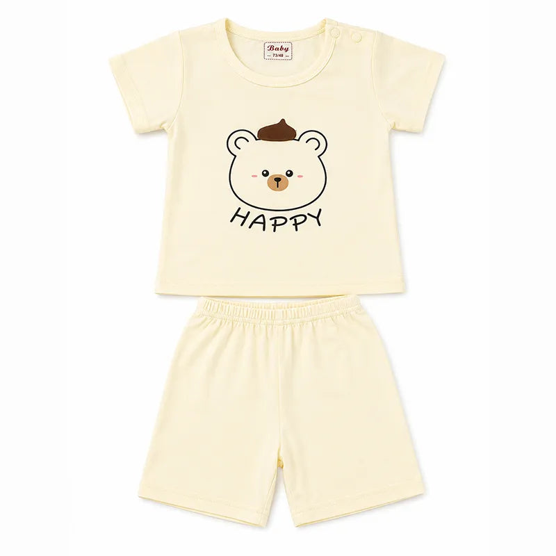 IMPORTED BABY HAPPY BEAR 100% COTTON SOFT HIGH QUALITY SUMMER SHIRT & SHORTS SUIT CREAM 