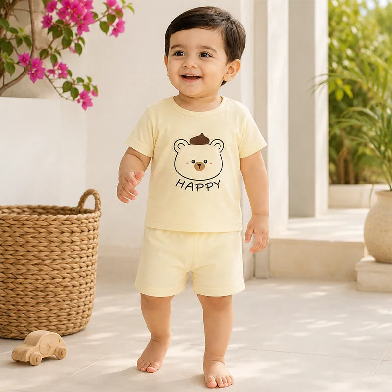 IMPORTED BABY HAPPY BEAR 100% COTTON SOFT HIGH QUALITY SUMMER SHIRT & SHORTS SUIT CREAM  - image 2