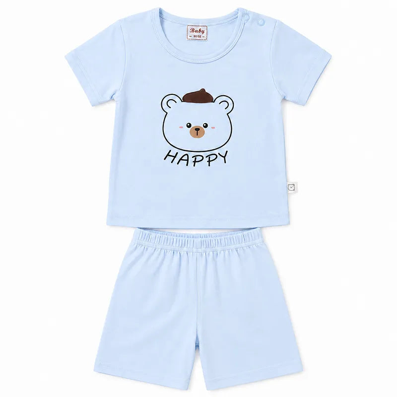 IMPORTED BABY HAPPY BEAR 100% COTTON SOFT HIGH QUALITY SUMMER T-SHIRT & SHORTS SUIT SKY BLUE 