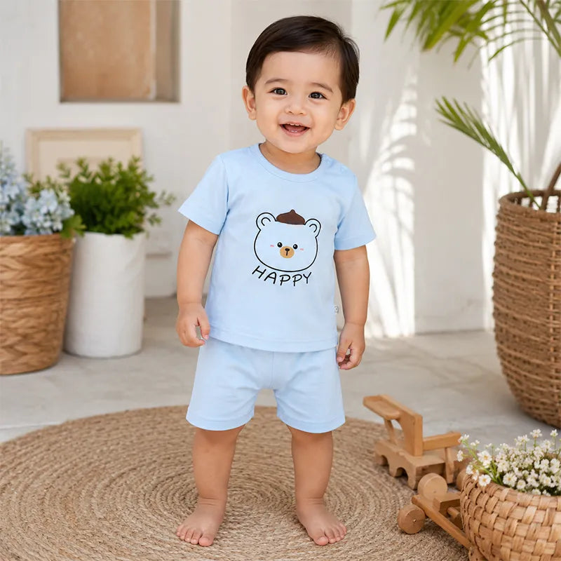 IMPORTED BABY HAPPY BEAR 100% COTTON SOFT HIGH QUALITY SUMMER T-SHIRT & SHORTS SUIT SKY BLUE  - image 2