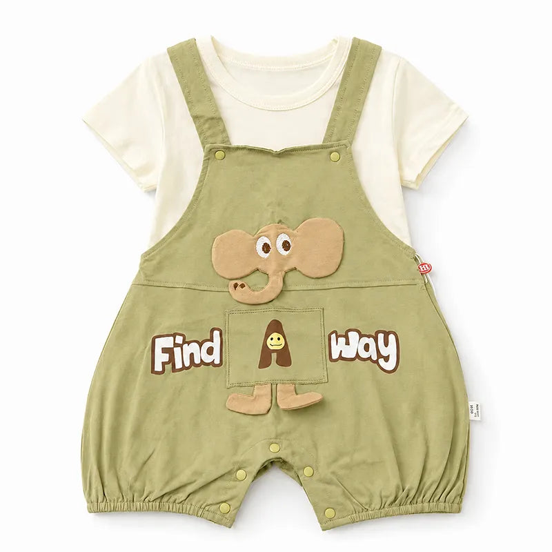IMPORTED BABY ELEPHANT DUNGAREE ROMPER WITH T-SHIRT 100% COTTON HIGH QUALITY SUMMER OLIVE GREEN & CREAM