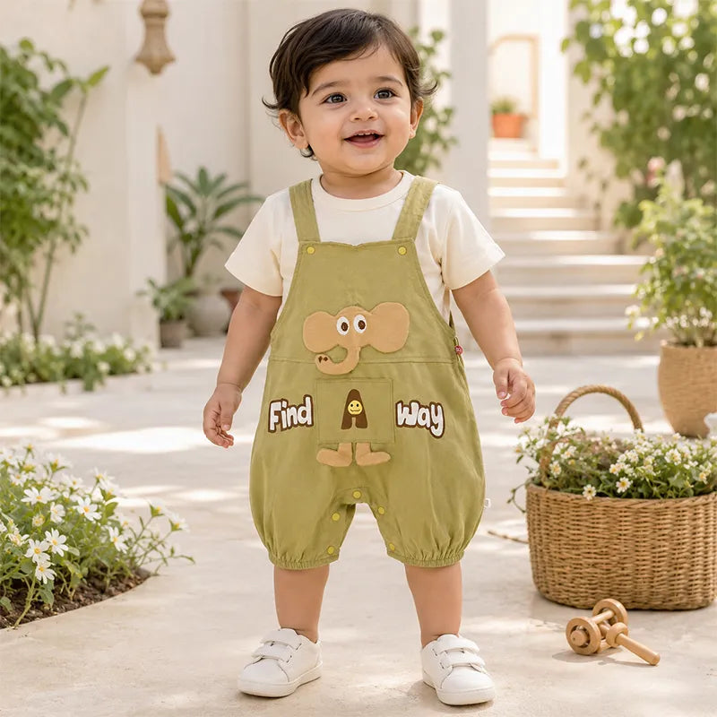 IMPORTED BABY ELEPHANT DUNGAREE ROMPER WITH T-SHIRT 100% COTTON HIGH QUALITY SUMMER OLIVE GREEN & CREAM - image 2