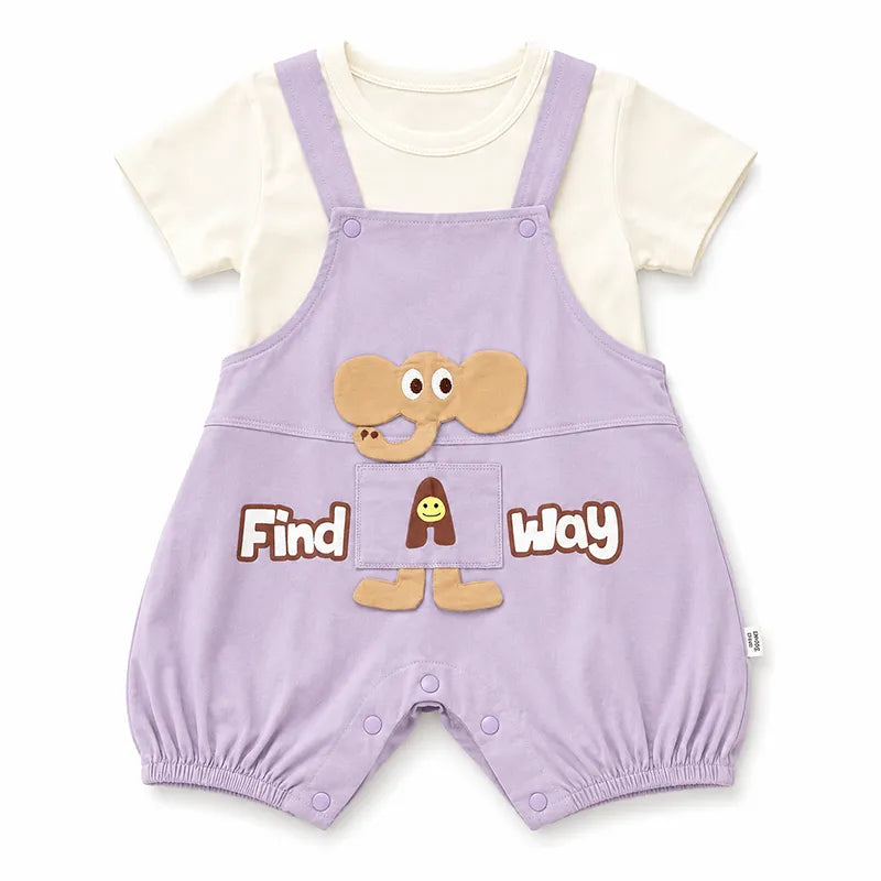 IMPORTED BABY ELEPHANT DUNGAREE ROMPER WITH T-SHIRT 100% COTTON HIGH QUALITY SUMMER LAVENDER & CREAM
