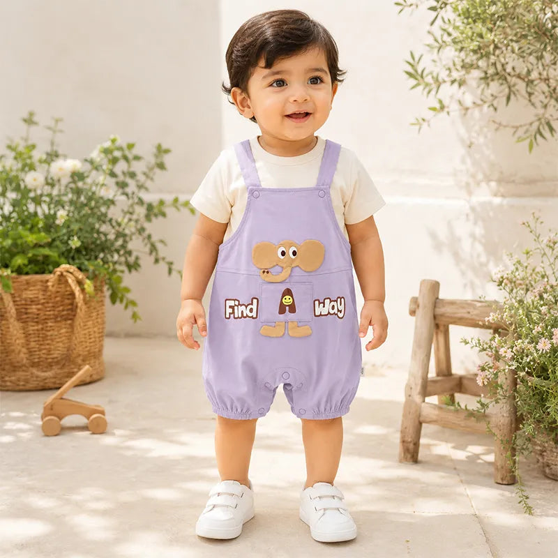 IMPORTED BABY ELEPHANT DUNGAREE ROMPER WITH T-SHIRT 100% COTTON HIGH QUALITY SUMMER LAVENDER & CREAM - image 2