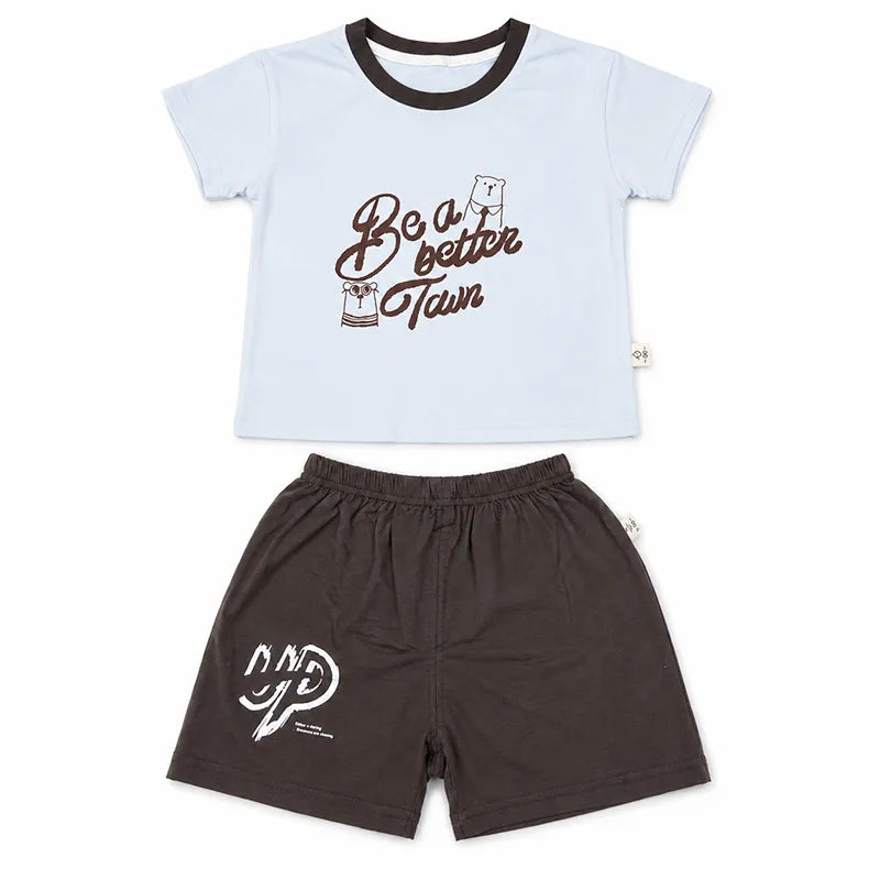 BABY IMPORTED FABRIC SOFT COTTON SUMMER T SHIRT & SHORTS SKY BLUE DARK GREY THEM 