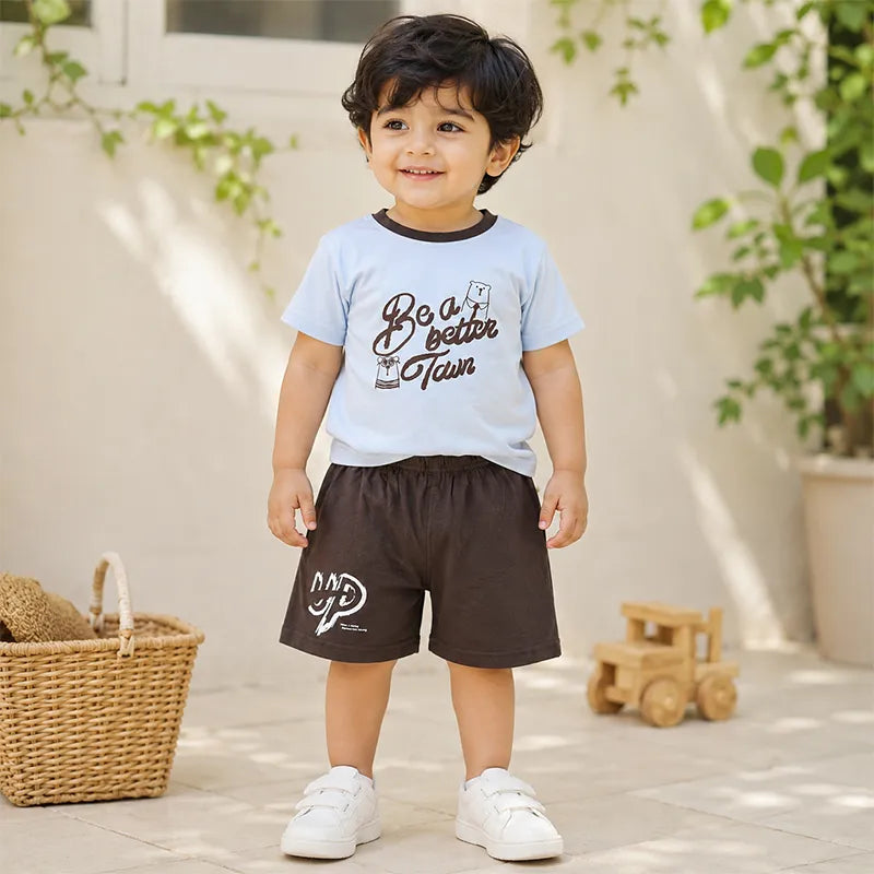 BABY IMPORTED FABRIC SOFT COTTON SUMMER T SHIRT & SHORTS SKY BLUE DARK GREY THEM  - image 2