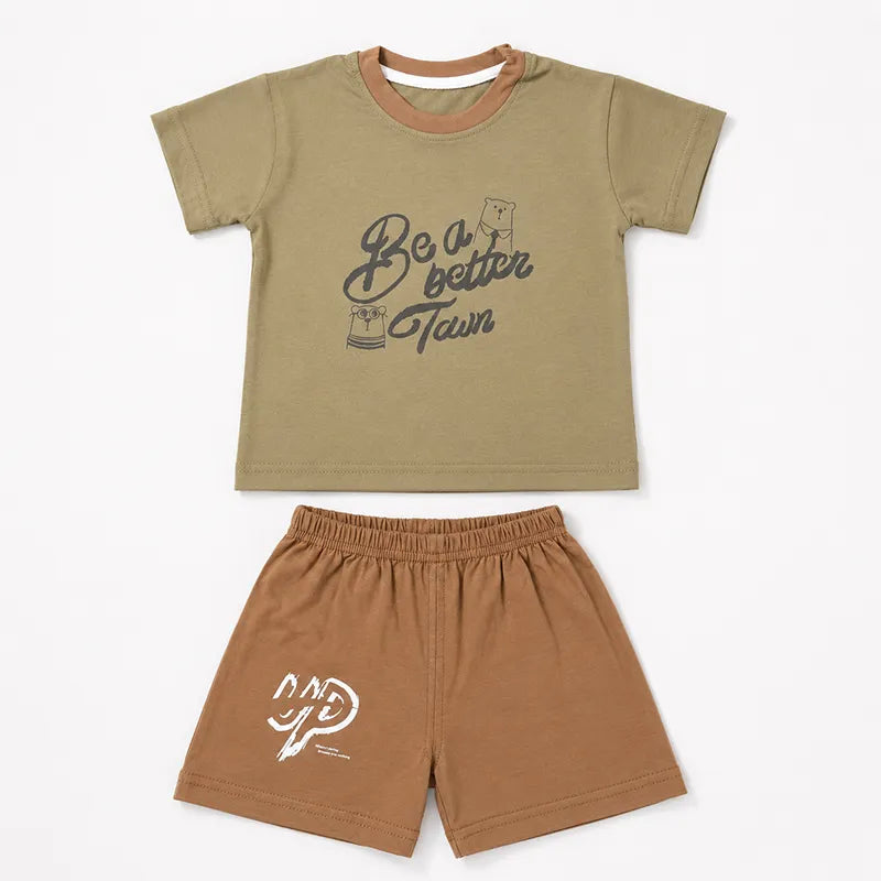 BABY IMPORTED FABRIC SOFT COTTON SUMMER T SHIRT & SHORTS OLIVE GREEN & BROWN 