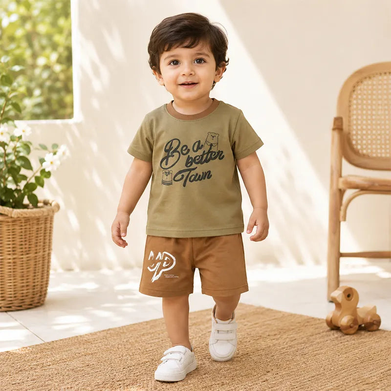 BABY IMPORTED FABRIC SOFT COTTON SUMMER T SHIRT & SHORTS OLIVE GREEN & BROWN  - image 2
