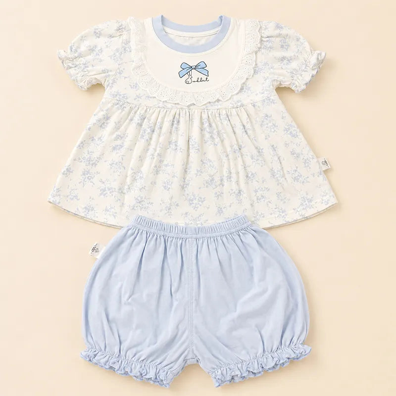 IMPORTED PREMIUM BABY GIRLS SOFT SUMMER SET WHITE FLORAL FROCK STYLE TOP & BLOOMER 