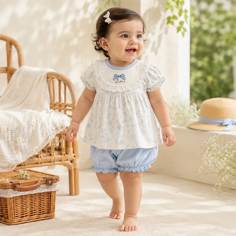 IMPORTED PREMIUM BABY GIRLS SOFT SUMMER SET WHITE FLORAL FROCK STYLE TOP & BLOOMER  - image 2