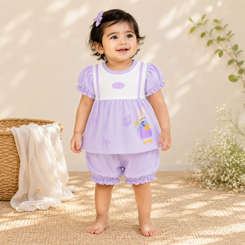 IMPORTED PREMIUM BABY GIRLS SOFT SUMMER SET LAVENDER FROCK STYLE TOP & BLOOMER  - image 2
