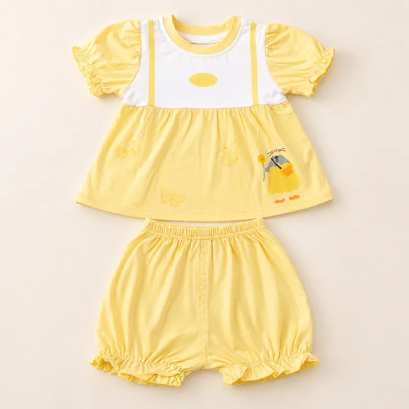 IMPORTED PREMIUM BABY GIRLS SOFT SUMMER SET YELLOW FROCK STYLE TOP & BLOOMER 