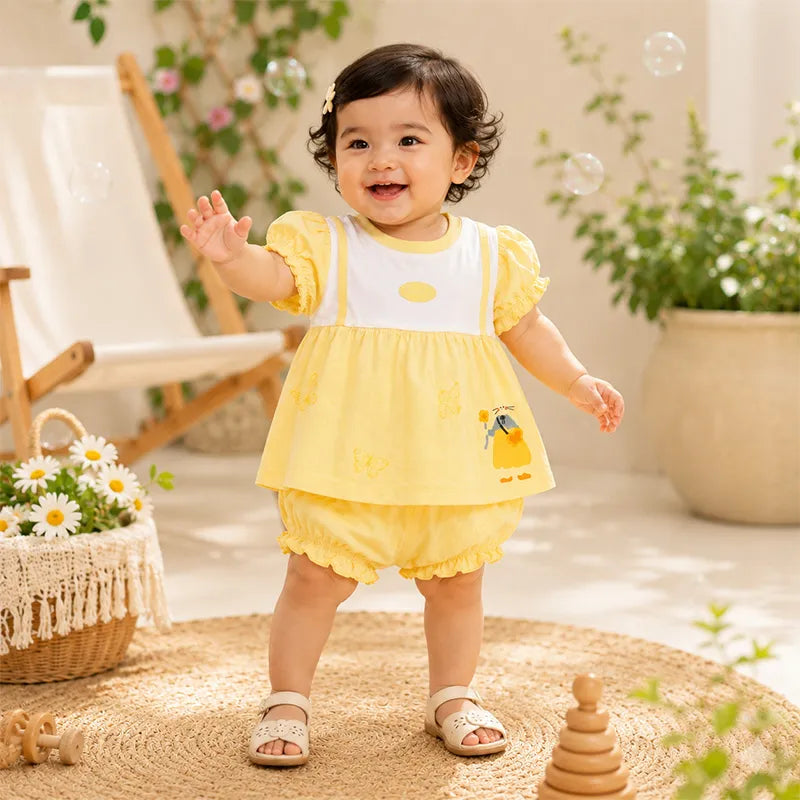 IMPORTED PREMIUM BABY GIRLS SOFT SUMMER SET YELLOW FROCK STYLE TOP & BLOOMER  - image 2