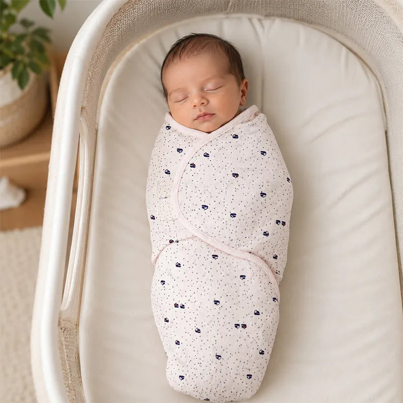 SOFT FABRIC BABY SWADDLE WRAP LIGHT PINK NAVY BOAT DOT PRINT KIDZO 
