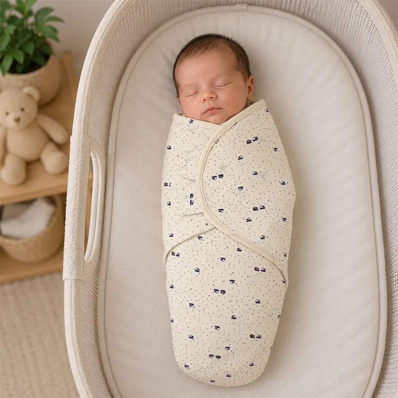 SOFT FABRIC BABY SWADDLE WRAP OFF WHITE NAVY BOAT & DOT PRINT KIDZO 
