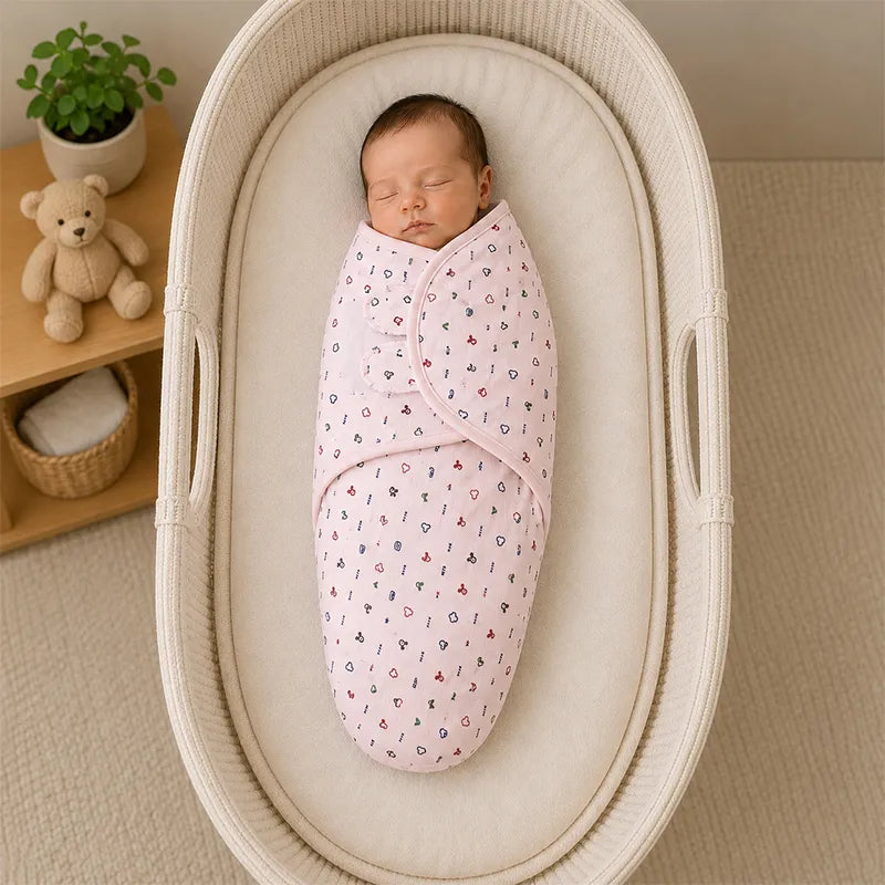 SOFT FABRIC BABY SWADDLE WRAP LIGHT PINK MICKEY & HEART PRINT KIDZO 