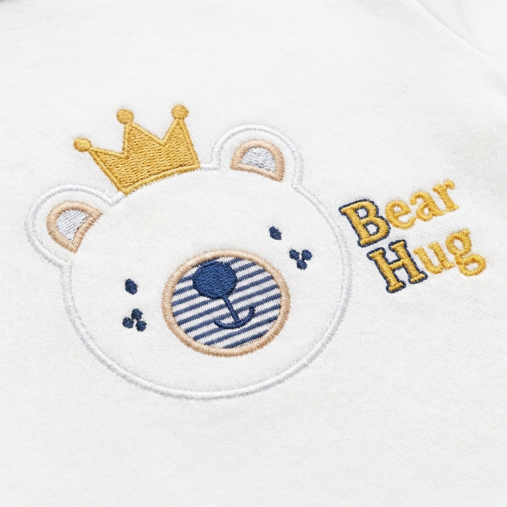 7 Piece Winter Starter Set Lining Bear White & Navy Blue — Embroidery and design close-up
