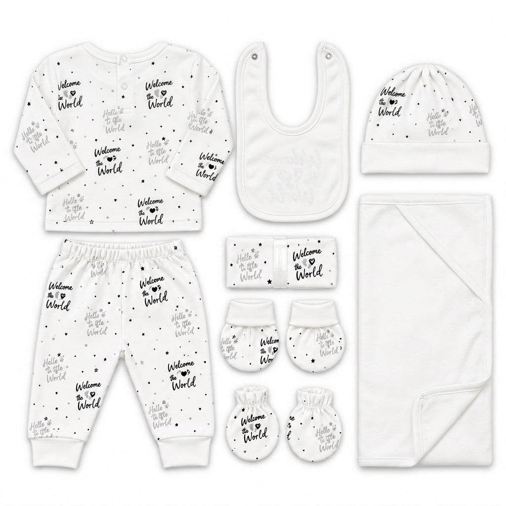 11 Piece Winter Starter Set Welcome To The World White — Rear view