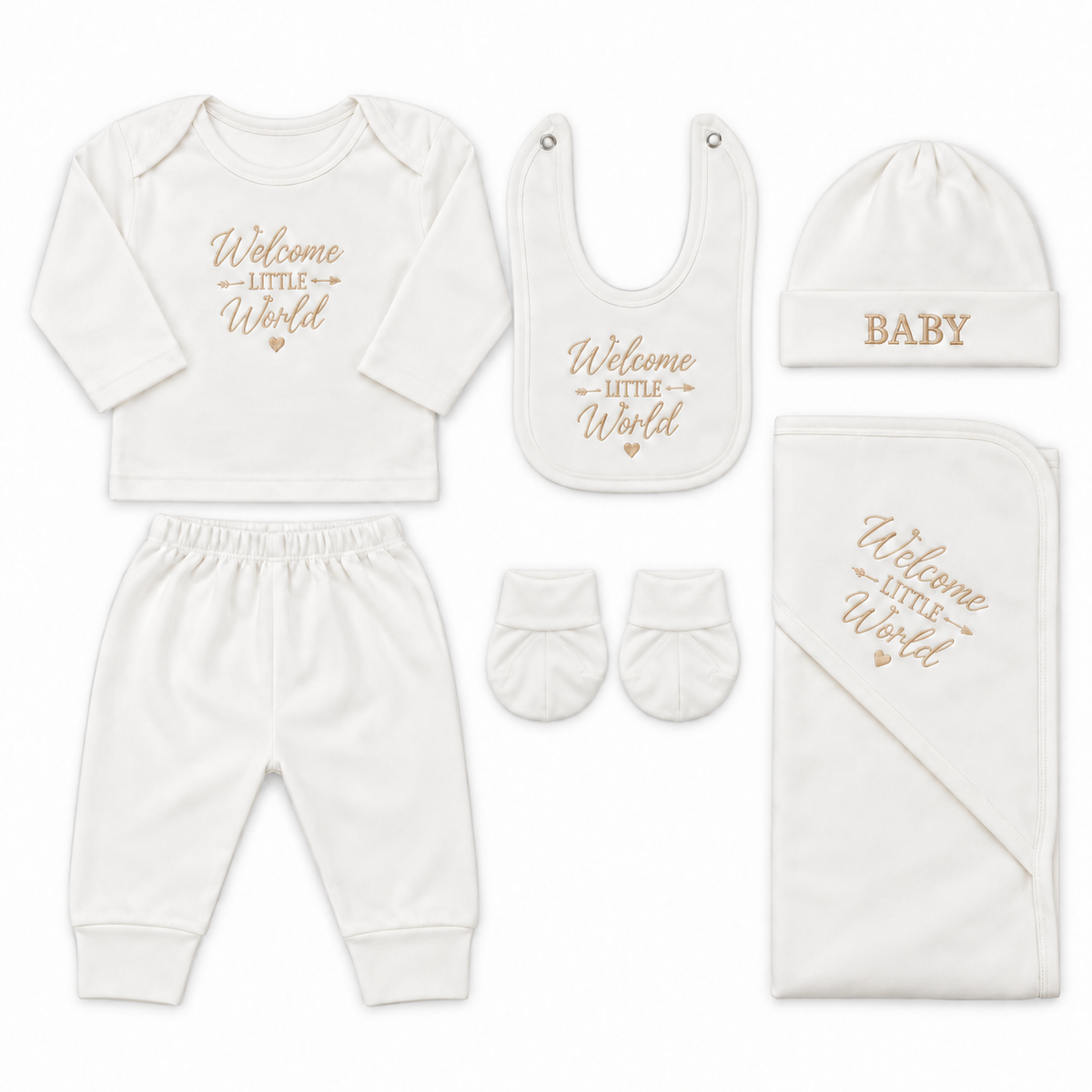 8 Piece Winter Starter Set Welcome To The World Embroidery Golden — Complete product view