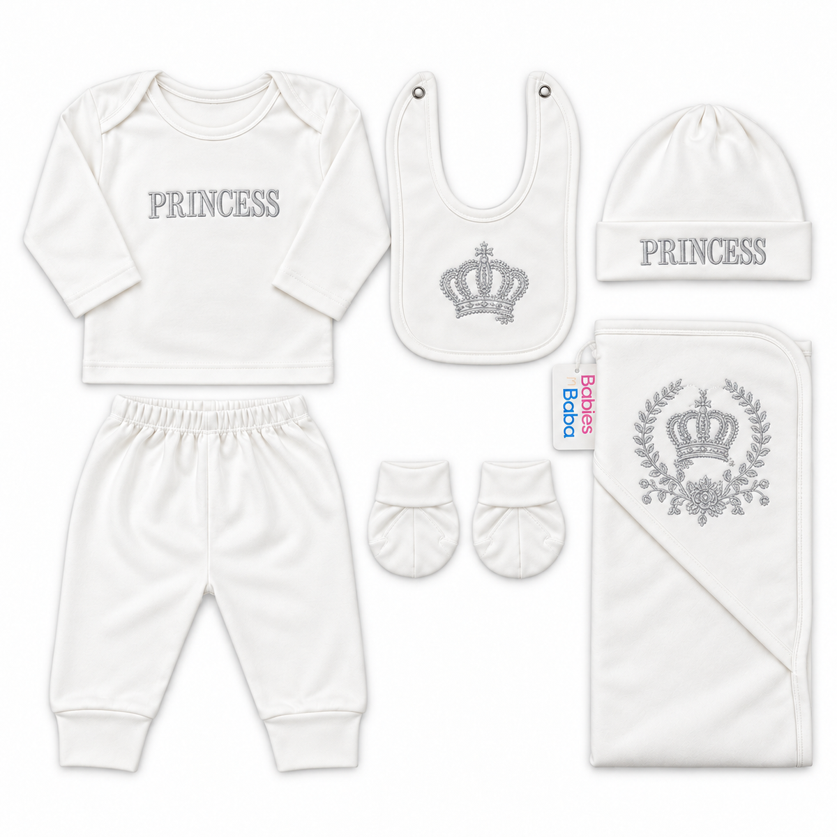 8 Piece Winter Starter Set Princess Crown White & Silver — Embroidery and design close-up