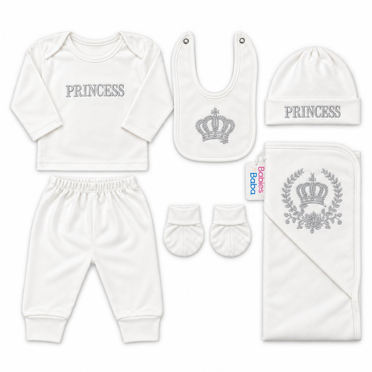 8 Piece Winter Starter Set Princess Crown White & Silver — Embroidery and design close-up