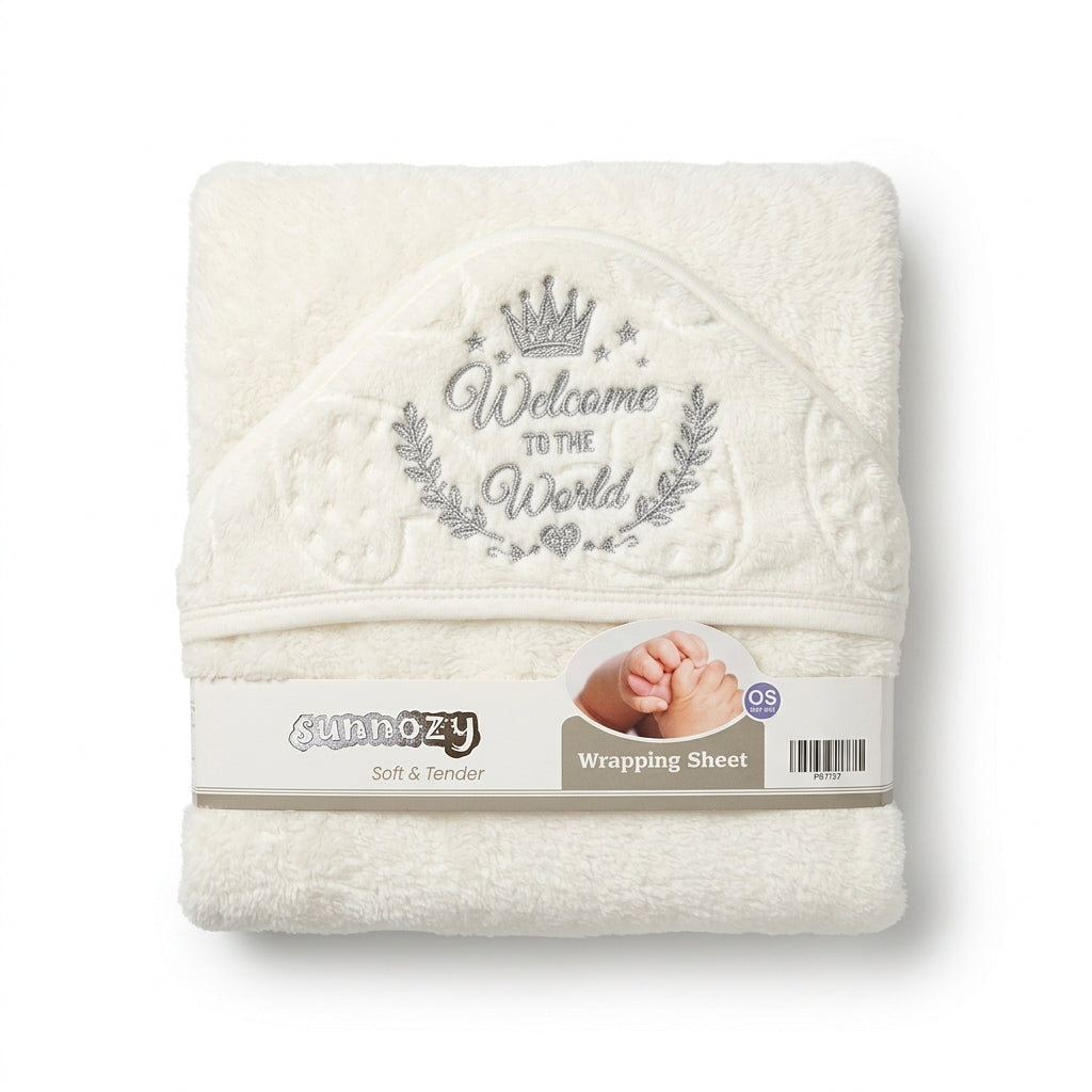 Winter Fur Hooded Wrapping Sheet Welcome To The World White — Folded product