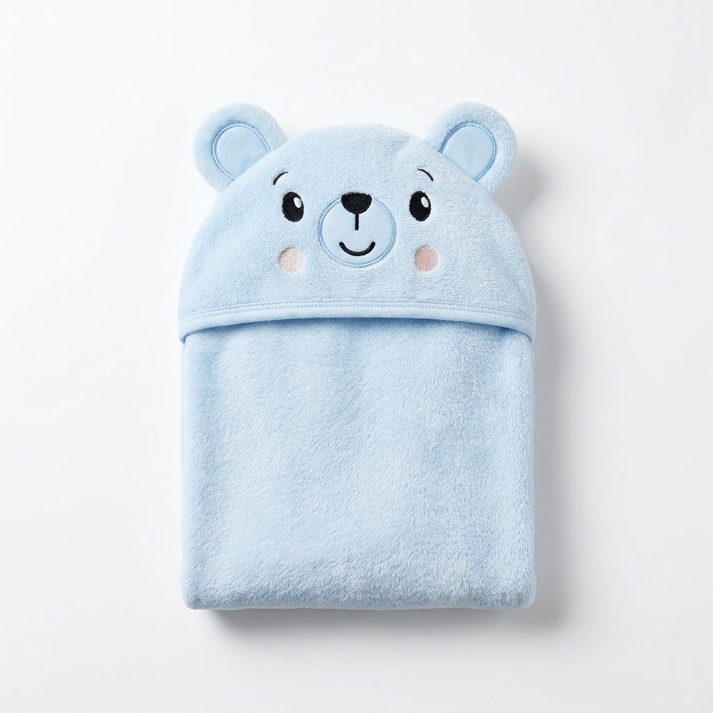 Winter Fur Hooded Wrapping Sheet Cute Bear Design Blue — Complete product view