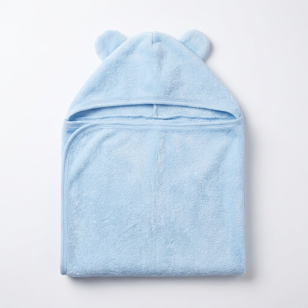 Winter Fur Hooded Wrapping Sheet Cute Bear Design Blue — Rear view