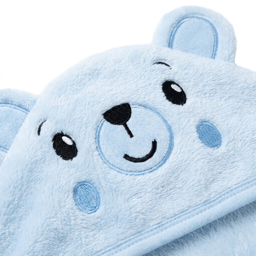 Winter Fur Hooded Wrapping Sheet Cute Bear Design Blue — Embroidery and design close-up
