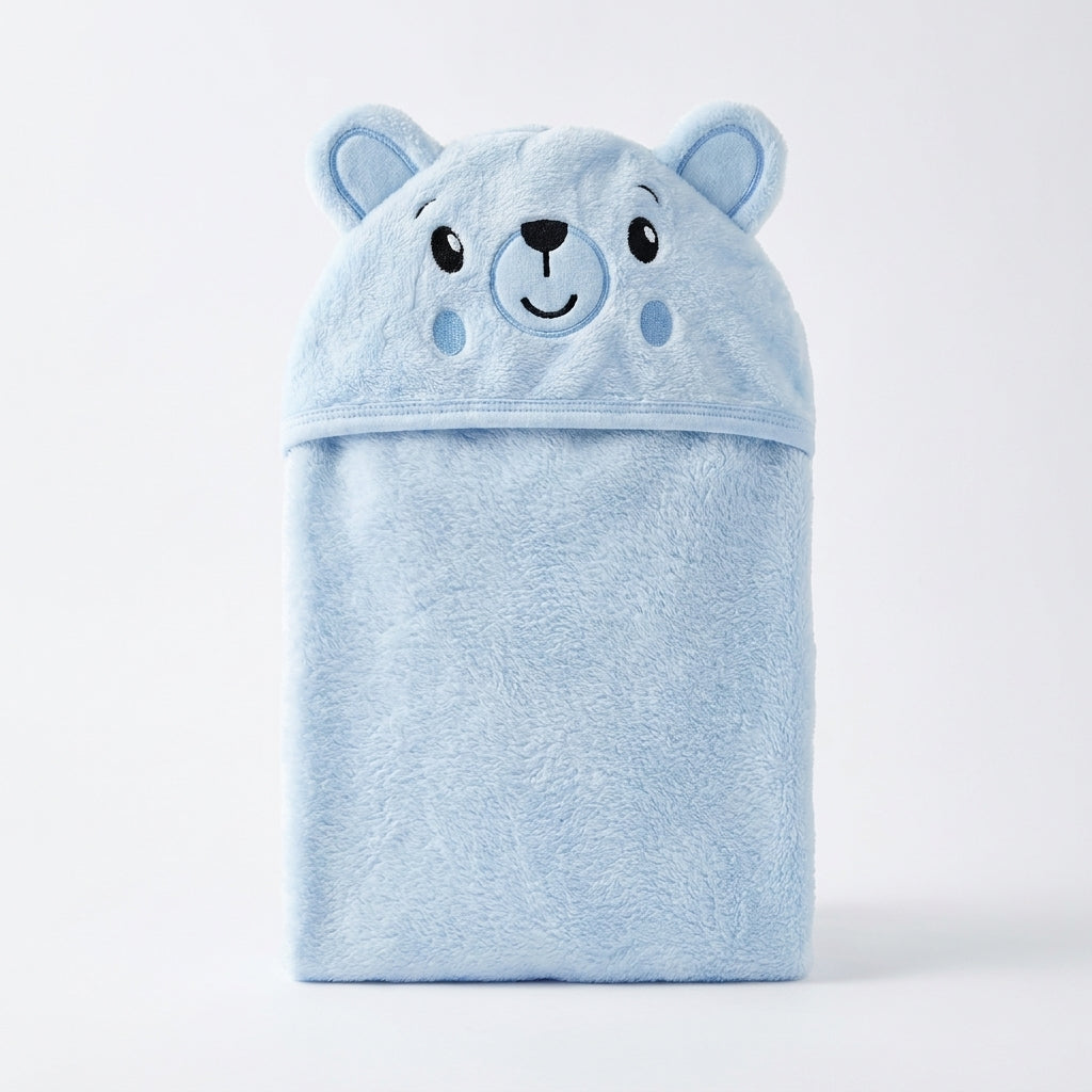 Winter Fur Hooded Wrapping Sheet Cute Bear Design Blue — Complete product view