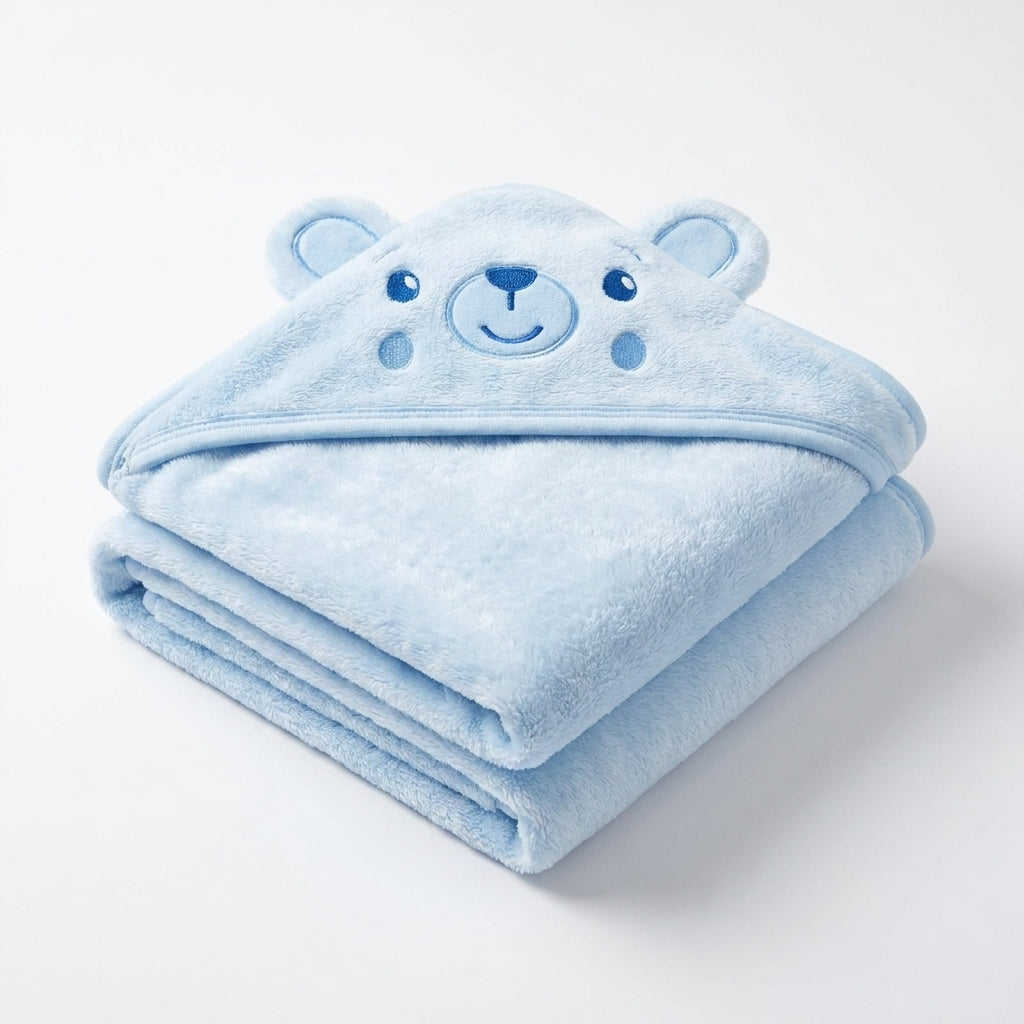 Winter Fur Hooded Wrapping Sheet Cute Bear Design Blue — Folded product
