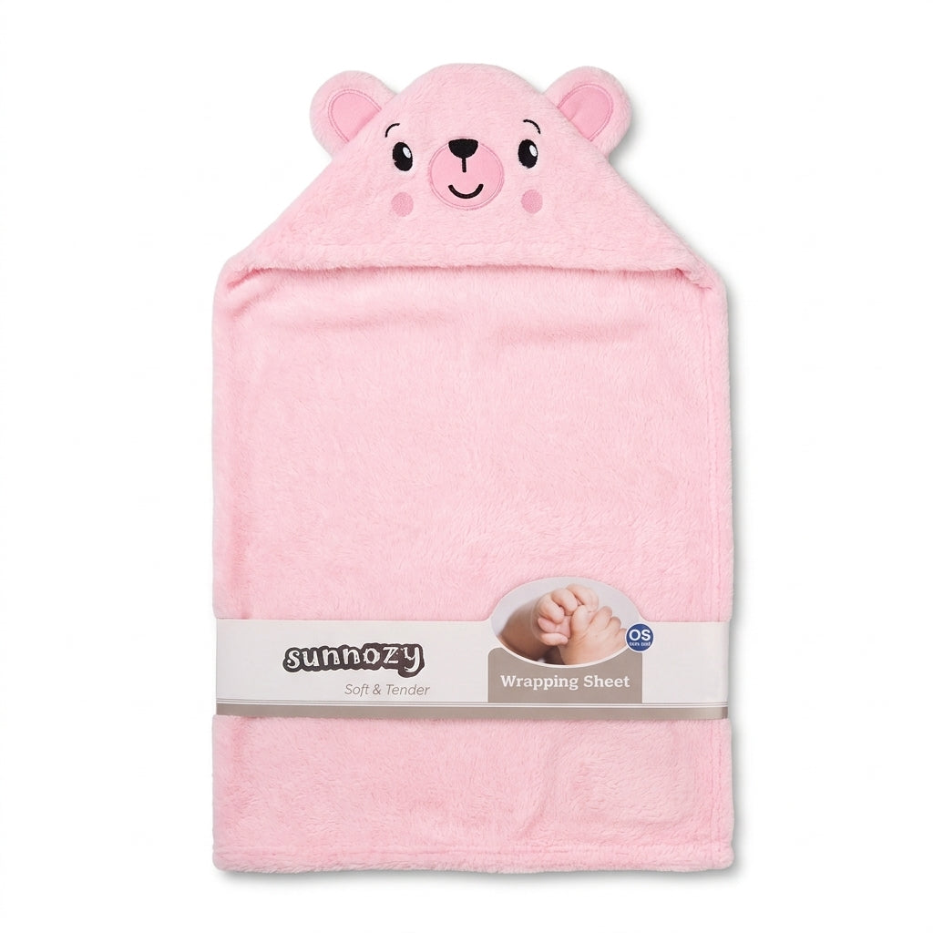 Winter Fur Hooded Wrapping Sheet Cute Bear Design Pink — Complete product view