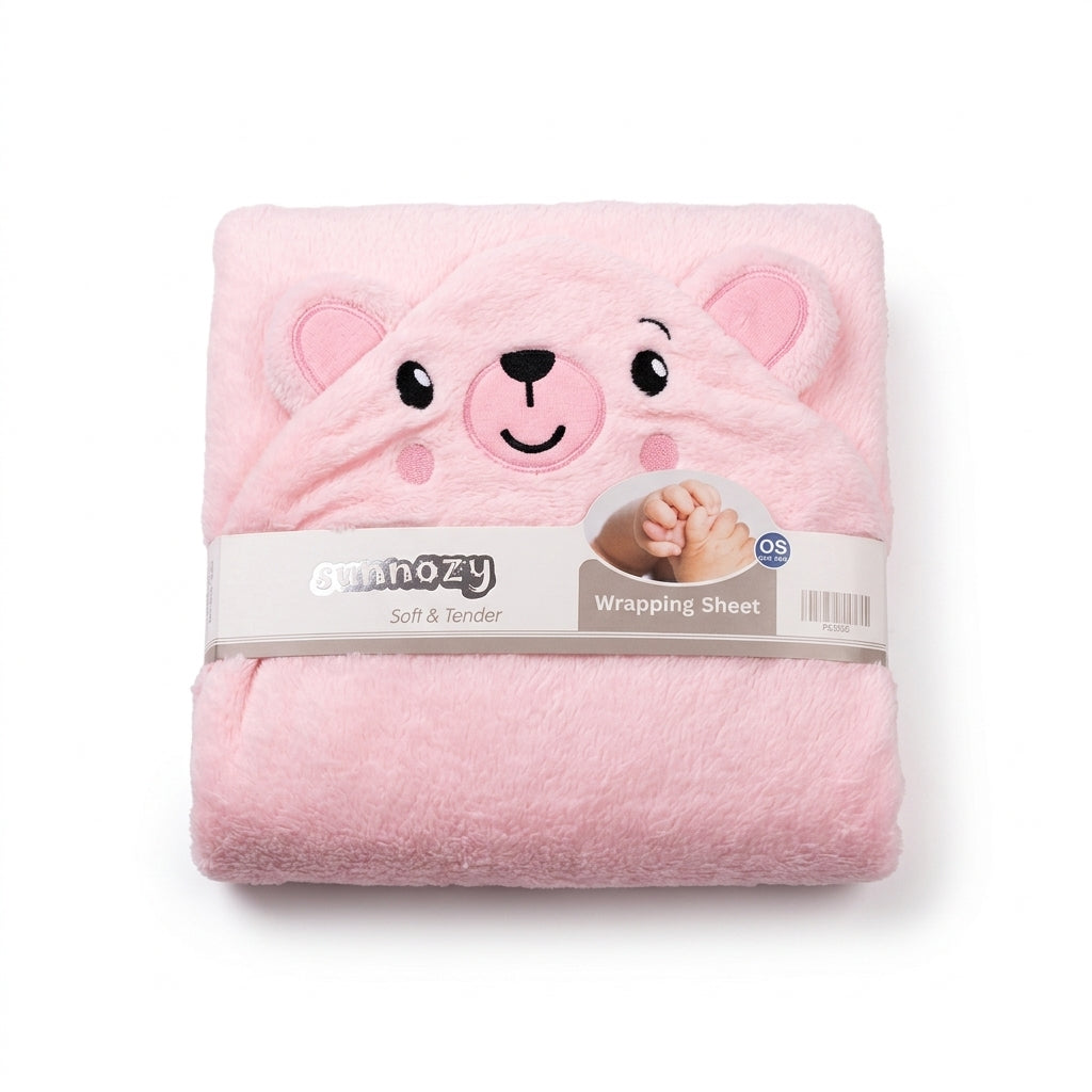 Winter Fur Hooded Wrapping Sheet Cute Bear Design Pink — Folded product