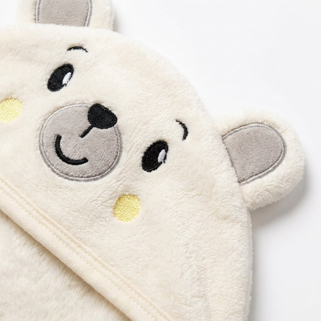 Winter Fur Hooded Wrapping Sheet Cute Bear Design Cream — Embroidery and design close-up