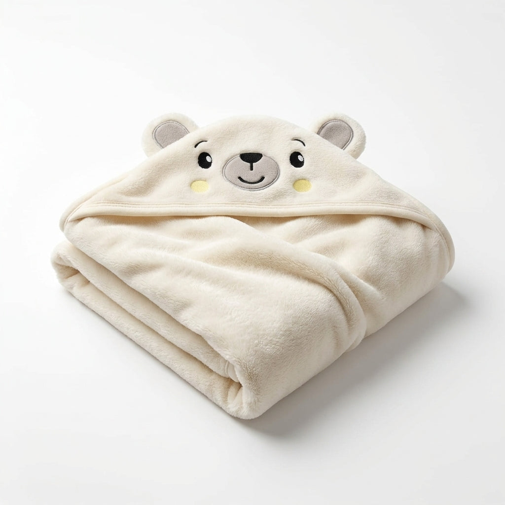 Winter Fur Hooded Wrapping Sheet Cute Bear Design Cream — Folded product