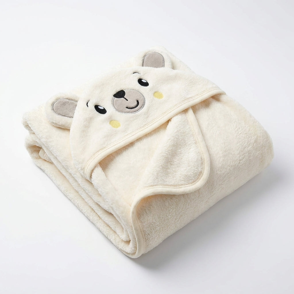 Winter Fur Hooded Wrapping Sheet Cute Bear Design Cream — Complete product view