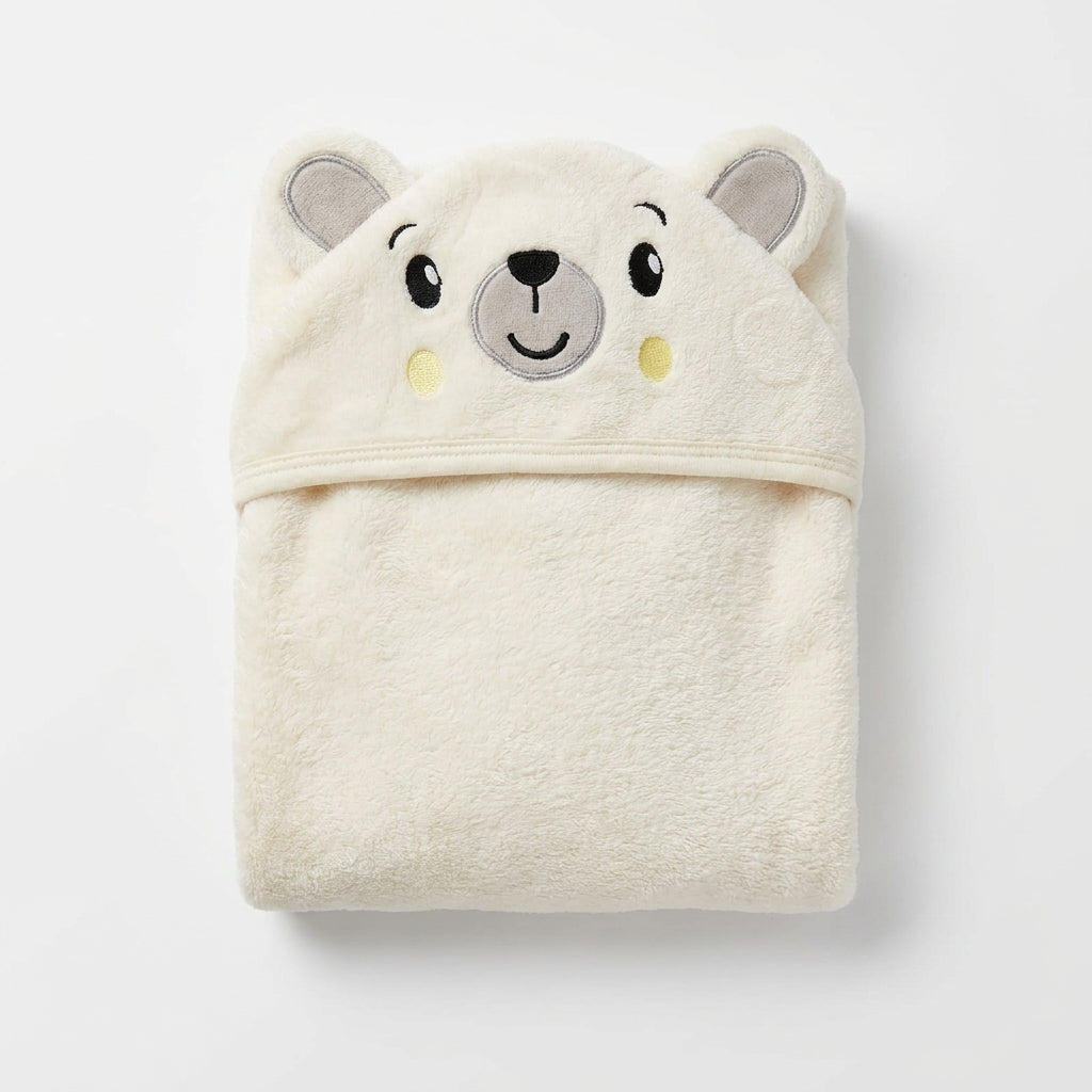 Winter Fur Hooded Wrapping Sheet Cute Bear Design Cream — Complete product view