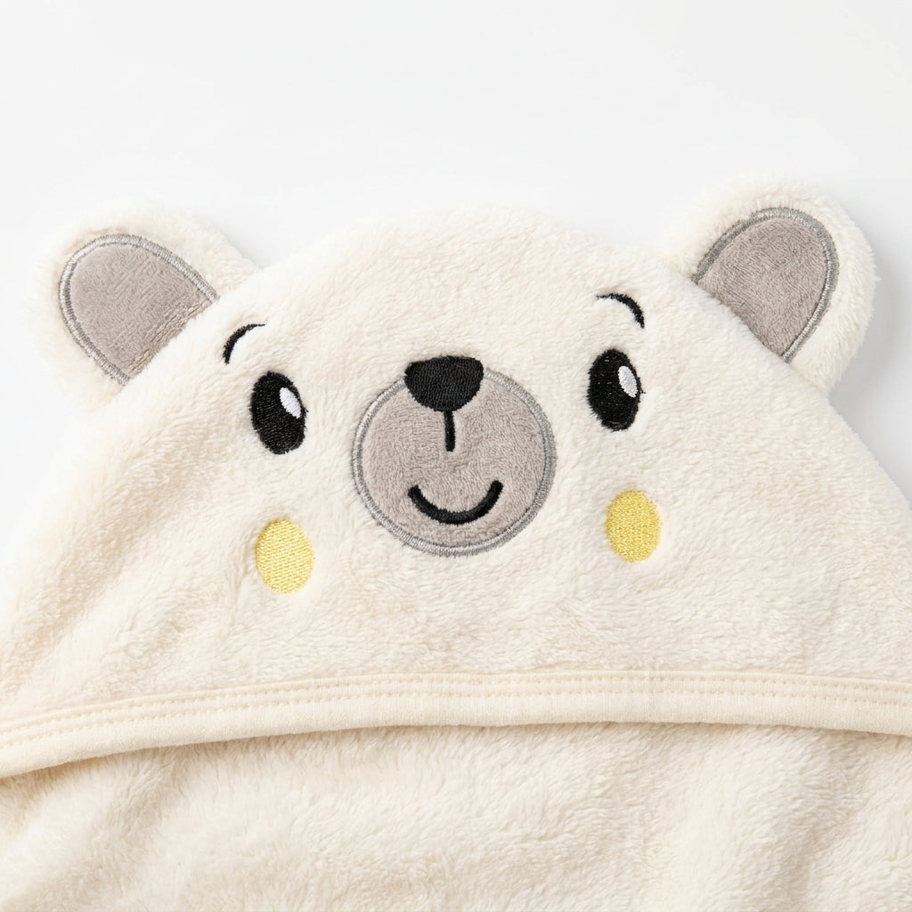 Winter Fur Hooded Wrapping Sheet Cute Bear Design Cream — Embroidery and design close-up