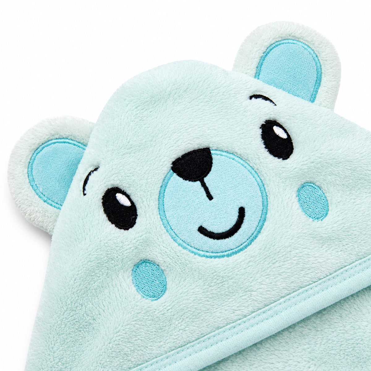 Winter Fur Hooded Wrapping Sheet Cute Bear Design Mint Green — Embroidery and design close-up
