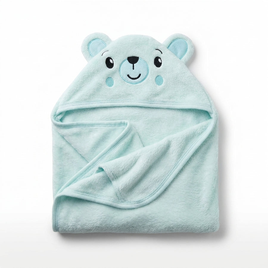 Winter Fur Hooded Wrapping Sheet Cute Bear Design Mint Green — Folded product