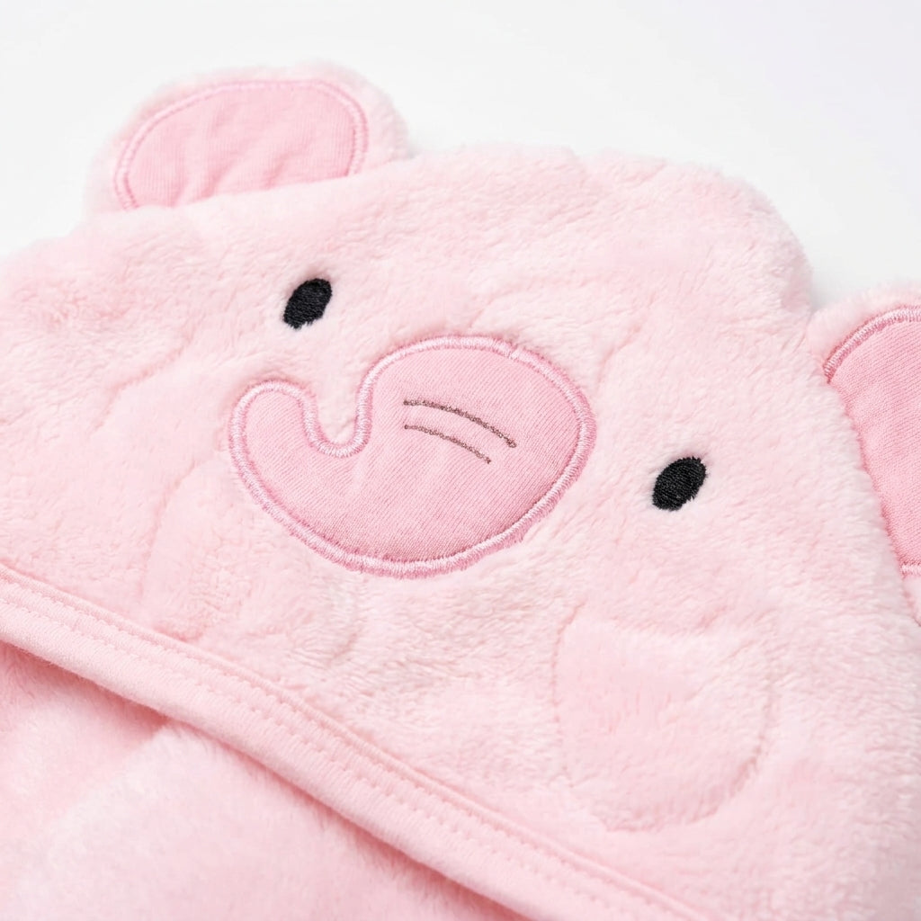 Winter Fur Hooded Wrapping Sheet Elephant Design Pink — Embroidery and design close-up