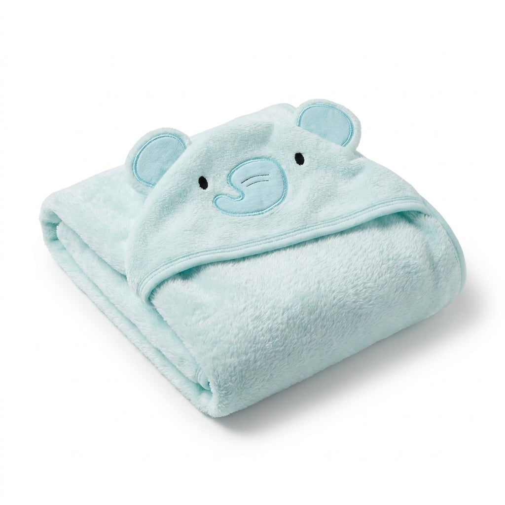 Winter Fur Hooded Wrapping Sheet Elephant Design Mint Green — Folded product