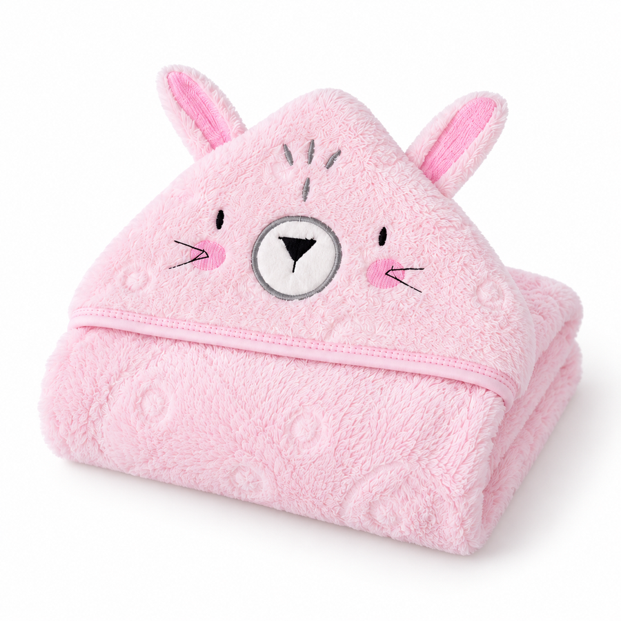 Winter Fur Hooded Wrapping Sheet Cute Bunny Design Pink — Folded product