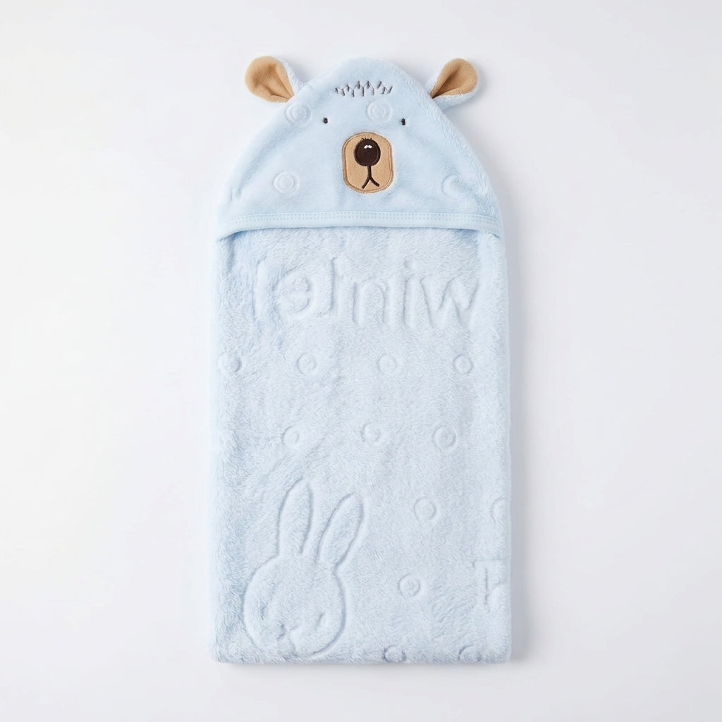 Winter Fur Hooded Wrapping Sheet Cute Bear Design Light Blue — Complete product view