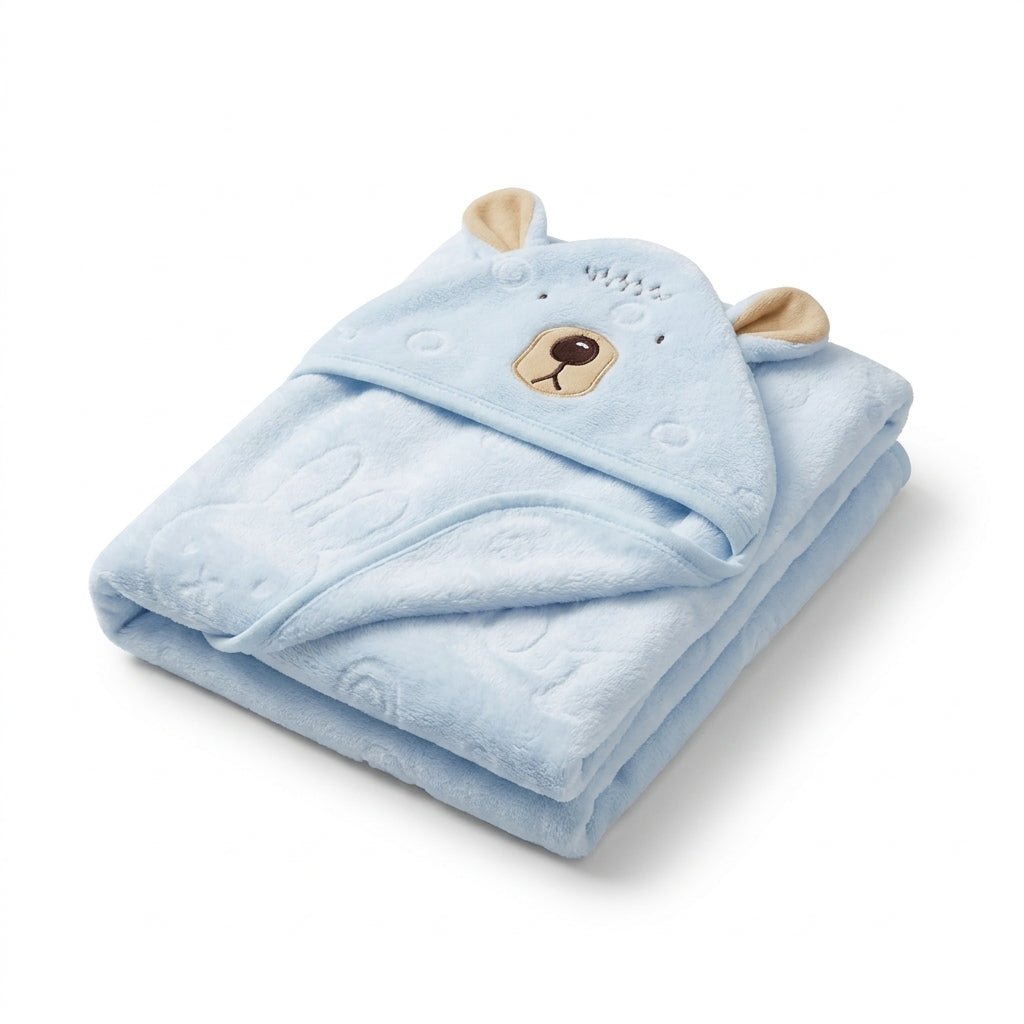 Winter Fur Hooded Wrapping Sheet Cute Bear Design Light Blue — Folded product
