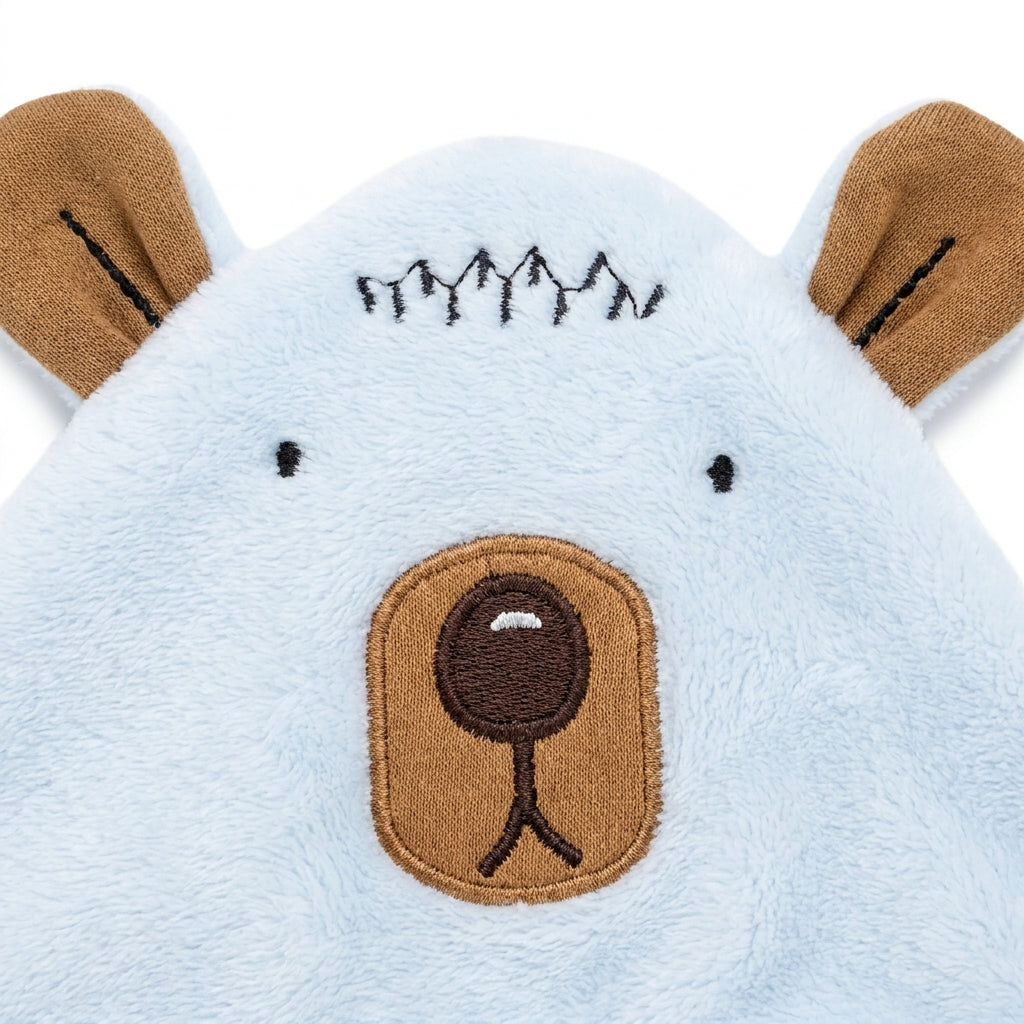 Winter Fur Hooded Wrapping Sheet Cute Bear Design Light Blue — Embroidery and design close-up
