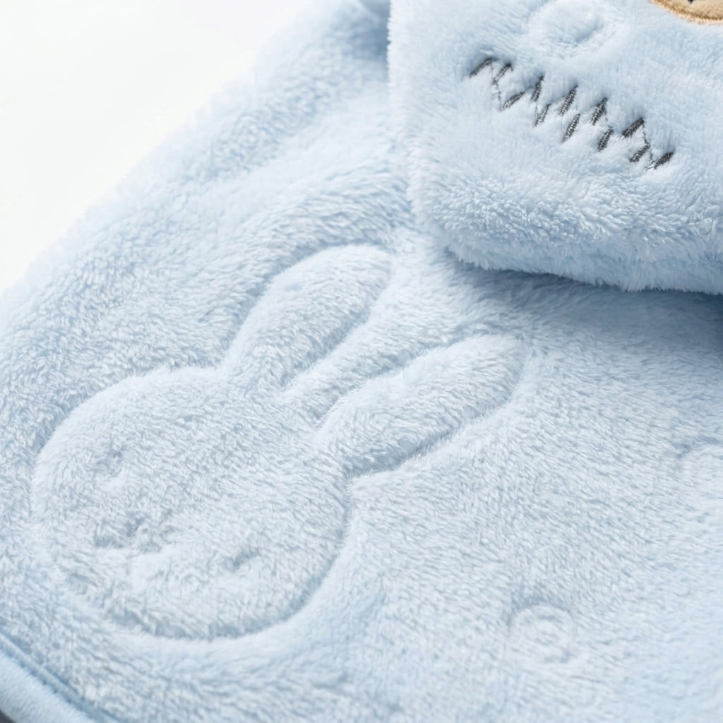 Winter Fur Hooded Wrapping Sheet Cute Bear Design Light Blue — Fabric texture close-up