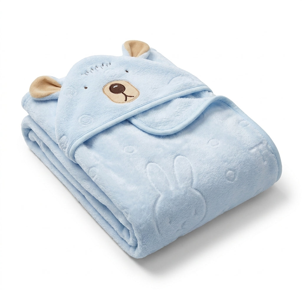 Winter Fur Hooded Wrapping Sheet Cute Bear Design Light Blue — Complete product view